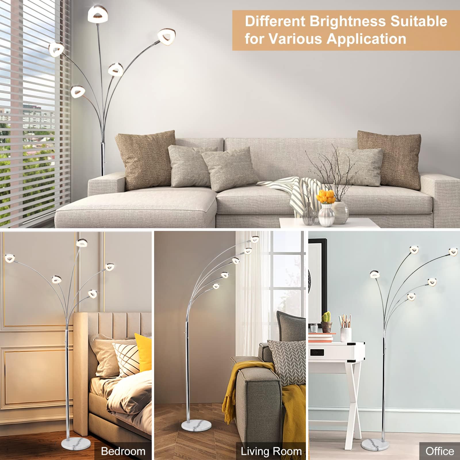 DINGLILIGHTING DLLT 5-Head Adjustable Arc Floor Lamp - Modern Spider Design with 5 Flexible Arms, 3 Brightness Levels (Warm White) - Silver Standing Tree Lamp for Living Room, Bedroom & Office - Perfect for Reading, Working and Ambient Lighting