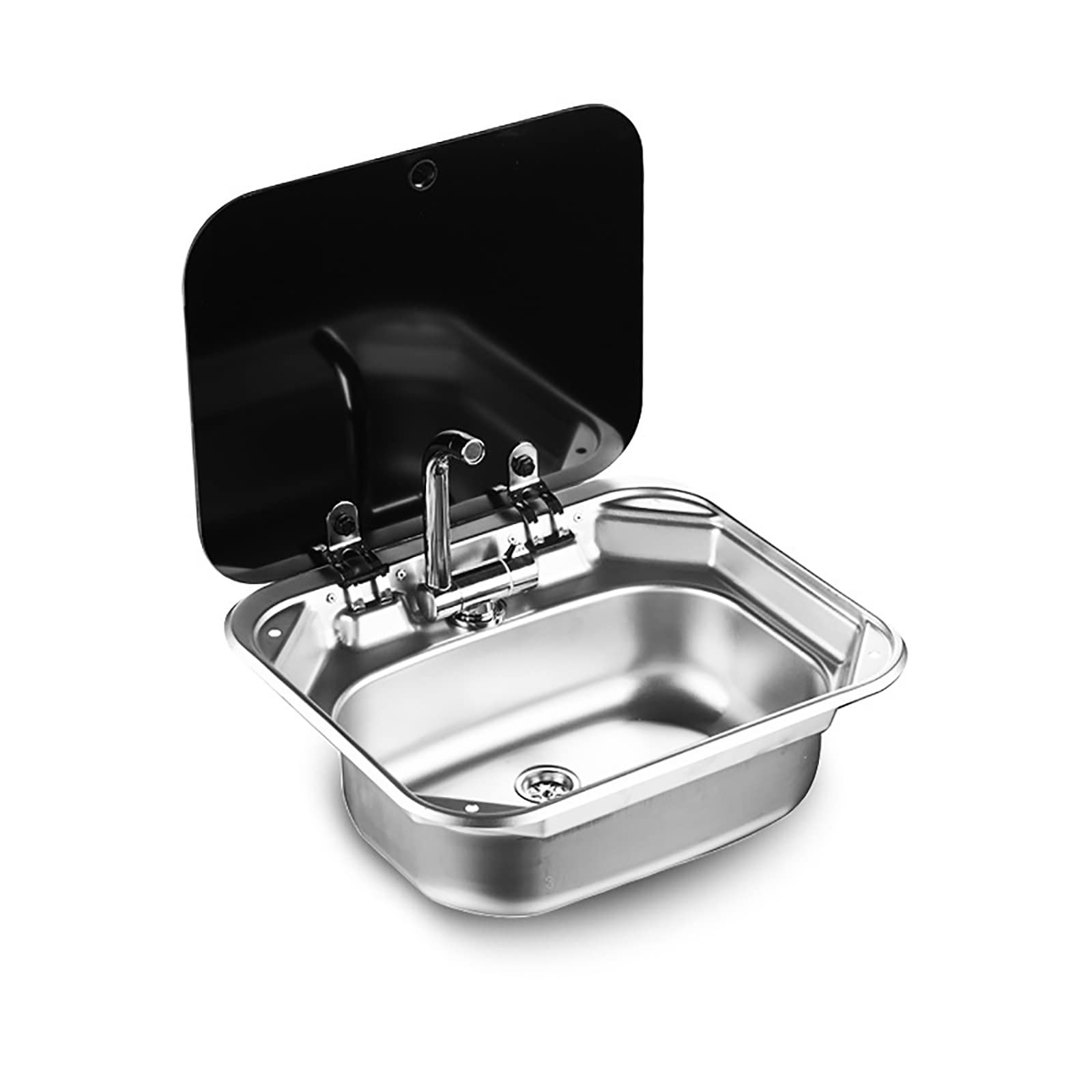**Stainless Steel RV Sink with Folding Lid & Tempered Glass Cover - Kitchen Sink Faucet for RV, Caravan, Boat, or Bar - Perfect for Compact Spaces & Outdoor Hand Washing**