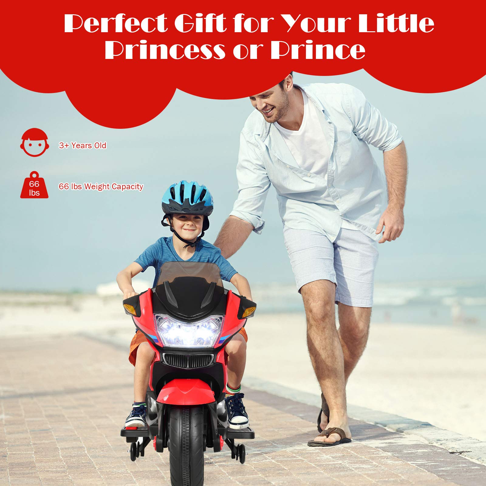 Costzon 12V Electric Ride On Motorcycle for Kids - Battery Powered Toy Bike with Training Wheels, LED Lights, Music & Pedal - Forward/Reverse Function - Perfect Gift for Boys & Girls (Red) - Ideal for Indoor Play, Backyard Fun & Birthday Presents