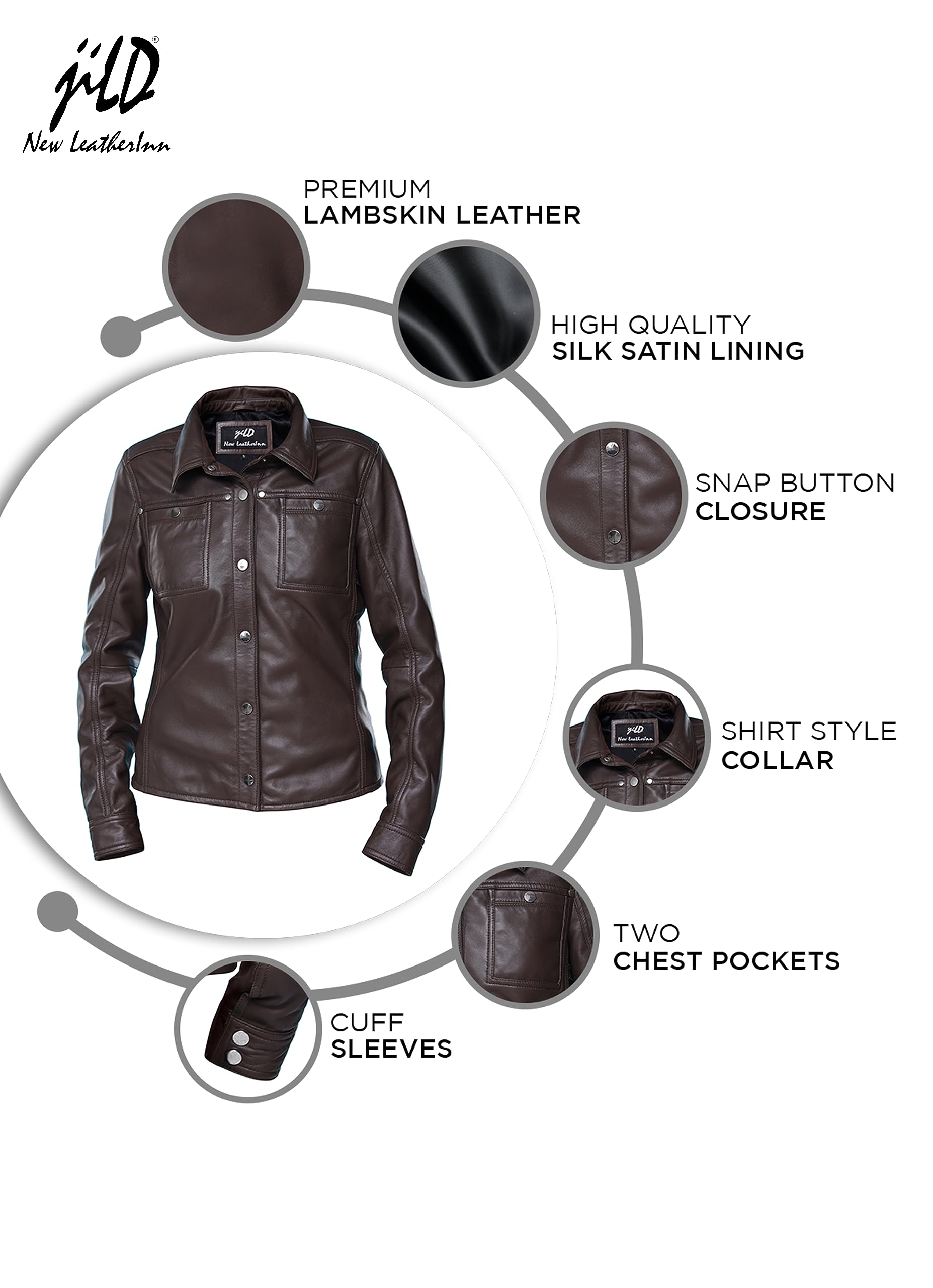 Jild Women's Button Front Lambskin Leather Jacket Shacket - Long Sleeve Casual Shirt Jacket with Bust Pocket | Perfect for Fall Layering, Date Nights & Office Wear