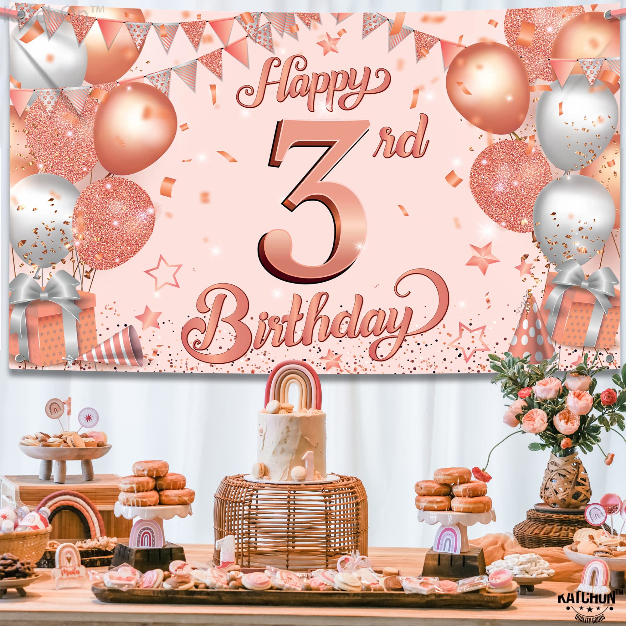 KatchOn Rose Gold Happy 3rd Birthday Banner - Extra Large 72x44 Inch | Elegant Rose Gold Birthday Party Decorations for Girls | Premium 3 Year Old Birthday Backdrop | Perfect for Birthday Photoshoots, Party Decor & Milestone Celebrations