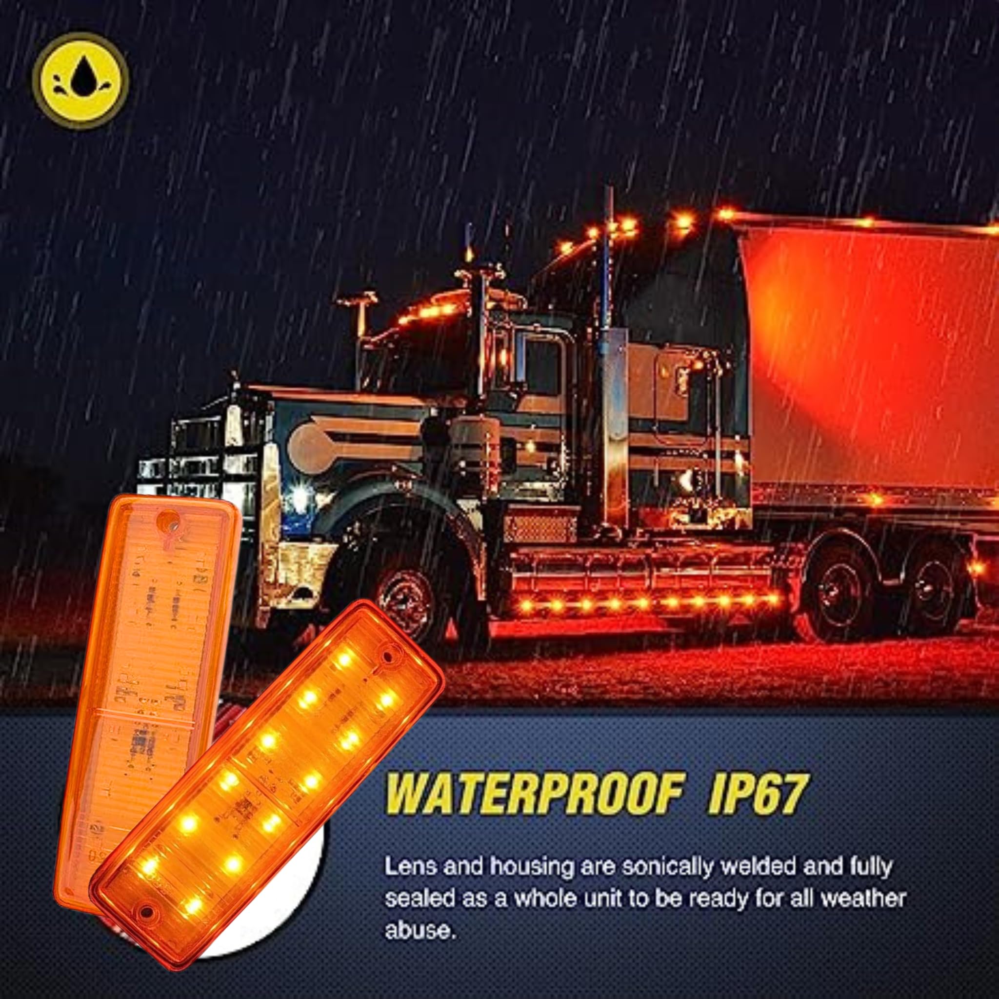 24V Amber LED Side Marker Lights for Trucks, Trailers, RVs & Campervans - Universal Fit Rectangular SMD Clearance Lights with Shockproof Design - Perfect for Night Driving, Road Safety & Vehicle Visibility