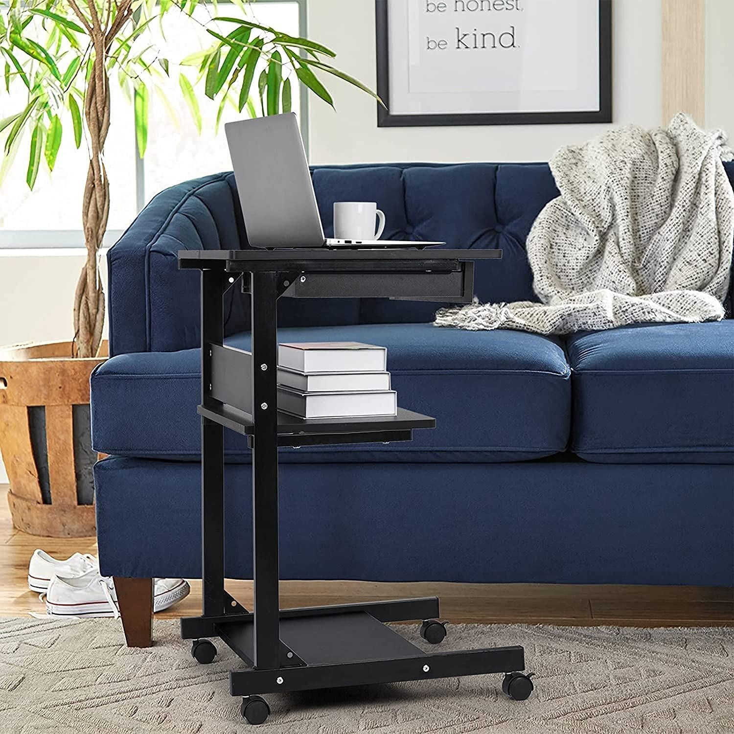 Black Mobile Computer Desk Cart with Drawers & Printer Shelf - Compact Rolling Workstation for Small Spaces, Home Office, Dorm Room or Studio - ZXNYC Writing Desk Table on Wheels