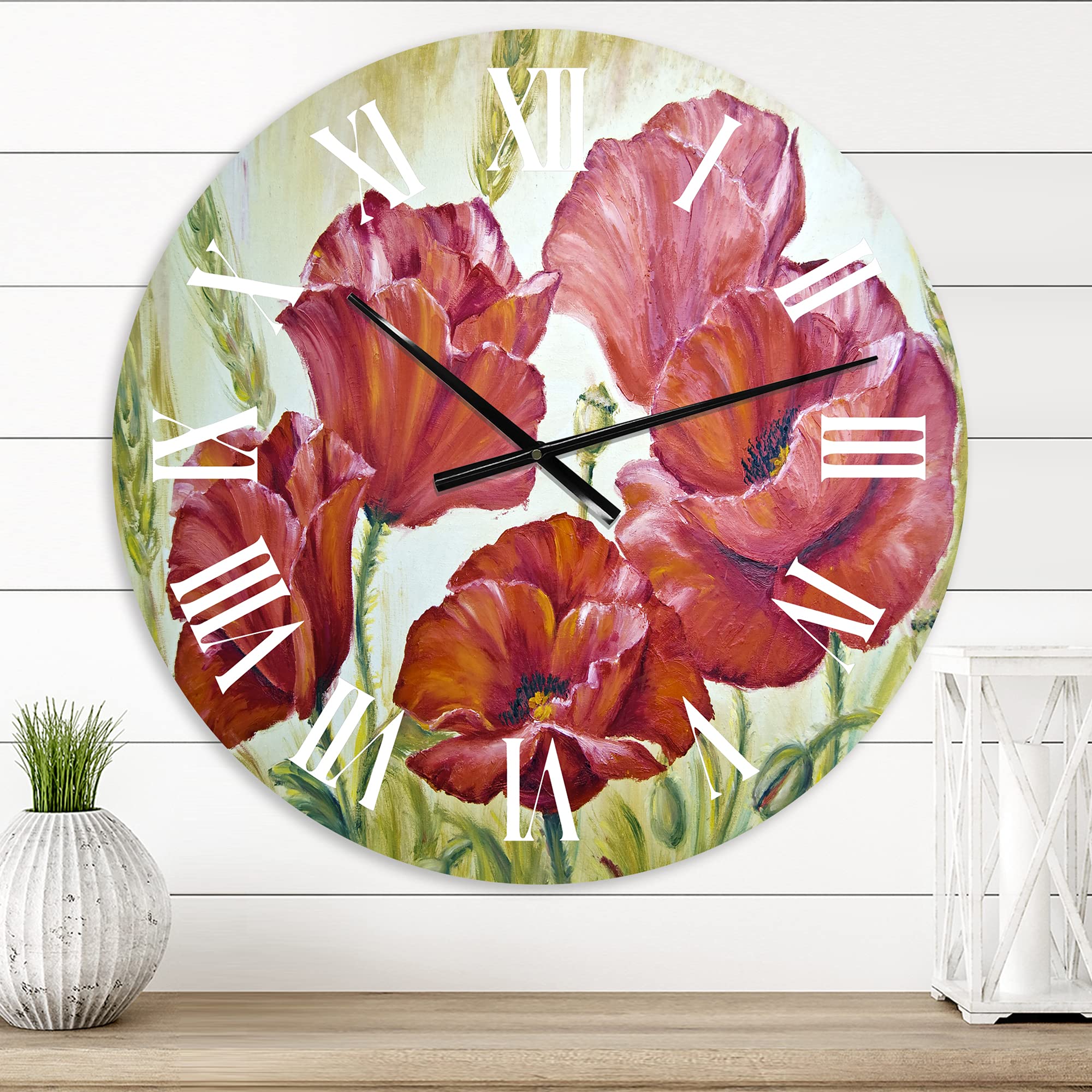 Large Floral Wall Clock - 'Blossoming Poppies in The Morning III' Traditional Home Decor for Living Room, Bedroom & Office | Silent Non-Ticking Modern Clock