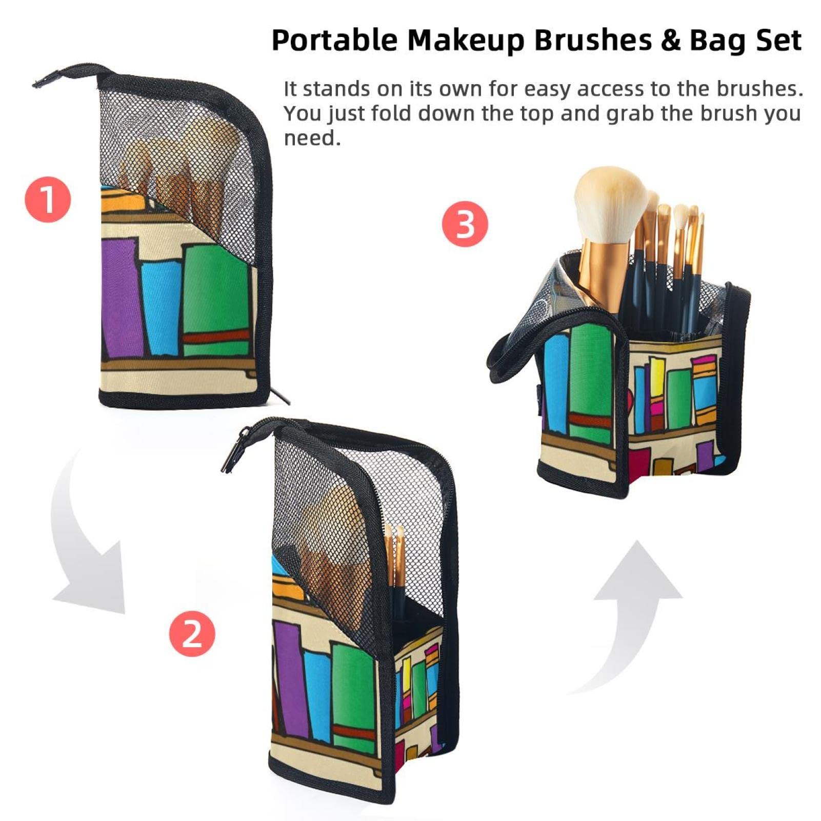 Portable Makeup Brush Organizer Bag with 12 Slots - Cartoon Bookshelf Design Makeup Brush Holder Case for Travel & Home Vanity Organization