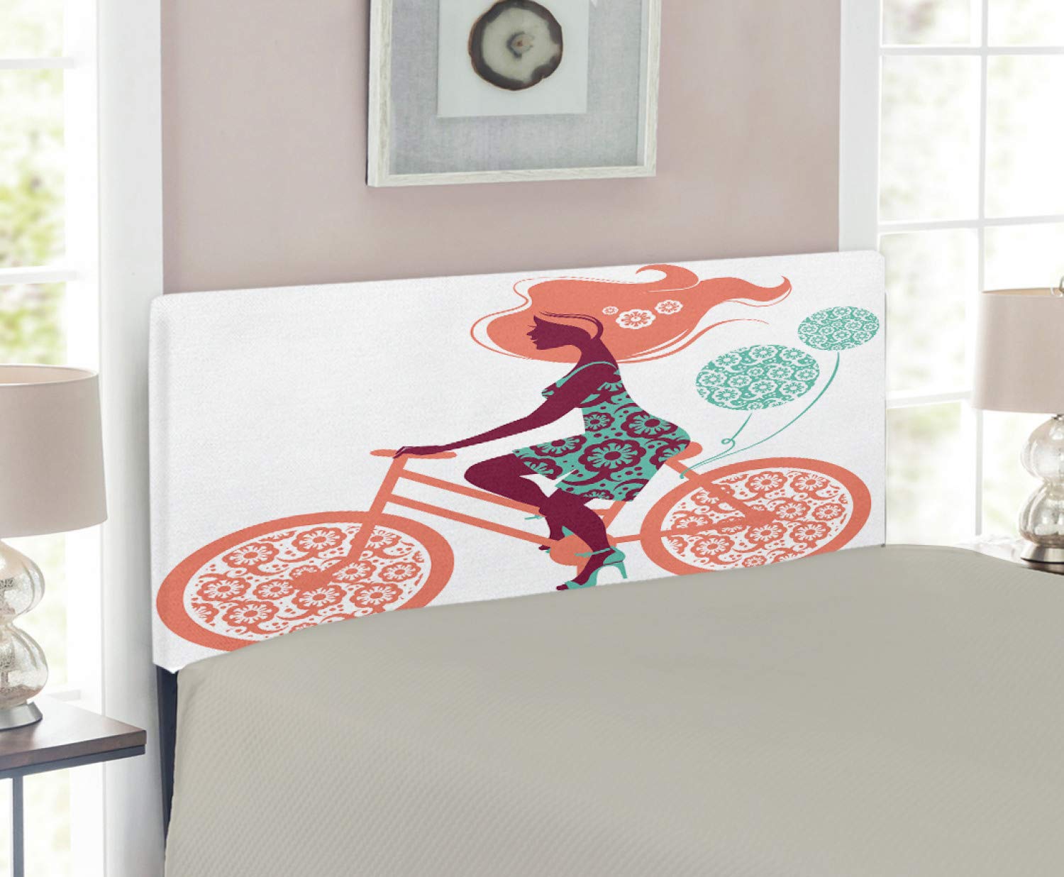 Ambesonne Floral Headboard - Decorative Upholstered Metal Bed Headboard with Memory Foam, Twin Size in Coral & Seafoam | Vintage Bicycle & Long Hair Girl Flower Silhouette Design | Perfect for Bedroom Decor, Guest Rooms & Cozy Home Makeovers