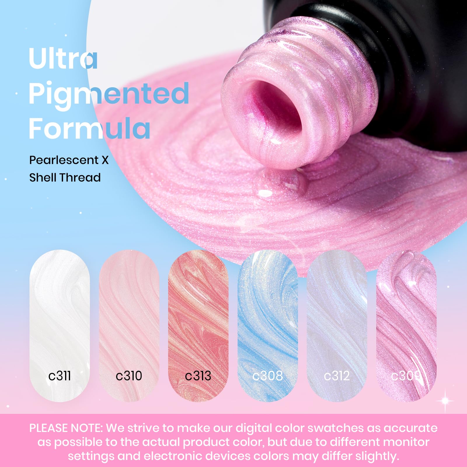 Beetles Shimmer Glitter Gel Nail Polish Set - 6 Colors (White, Pink, Blue Pearl) Mermaid UV LED Soak Off Polish with Swirl Thread Effect | DIY Manicure Kit for Women | Perfect for Spring Summer Nail Art & Gift Giving