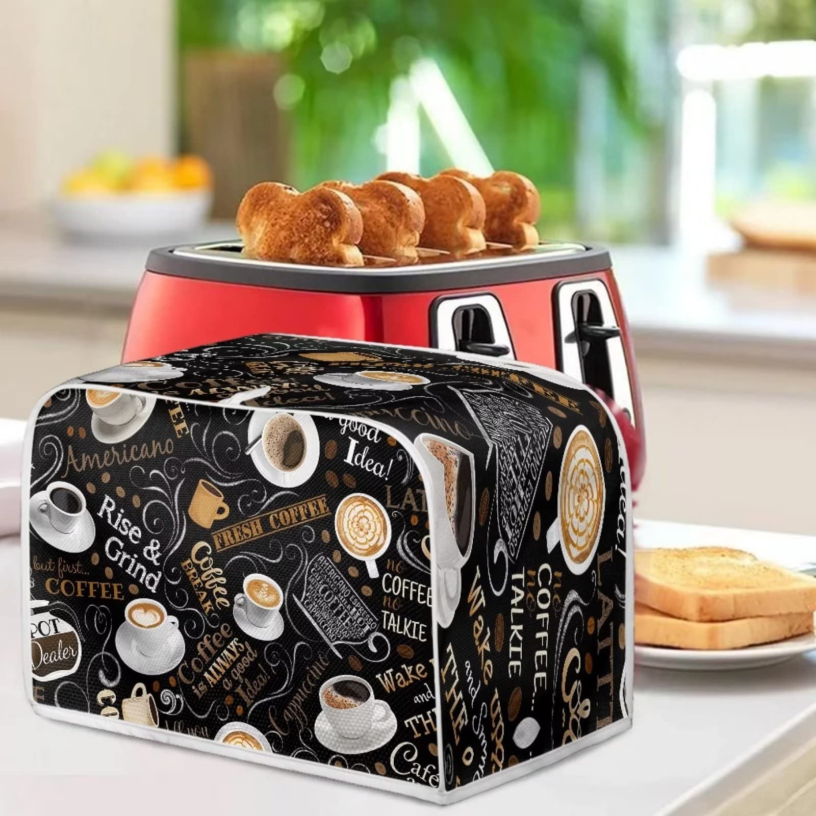 Jeiento Coffee Theme 2-Slice Long Slot Toaster Cover - Dust & Fingerprint Protection for Bread Appliances | Small Kitchen Organizer Bag for Countertop Storage & Decor