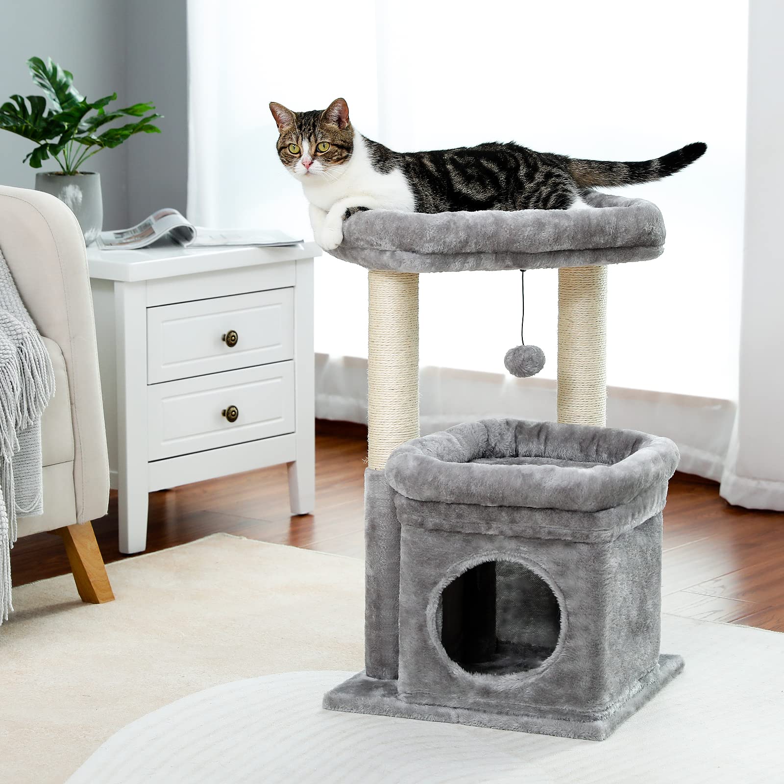 PAWZ Road Multi-Level Cat Tree with Sisal Scratching Post, Soft Cat Condo & Plush Pompom - Grey Indoor Cat Tower for Play, Rest & Climbing | Perfect for Small Spaces & Kitty Exercise