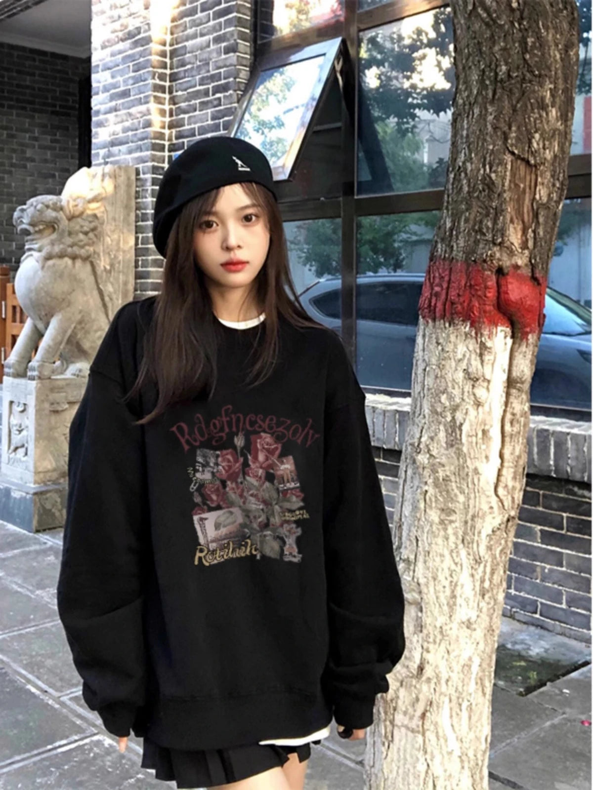 Black O-Neck Loose Office Hoodie for Women - Fashionable Pullover Sweatshirt with Spell Color Design | Chic Basic Women's Hoodie for Work, Casual Wear & Lounge