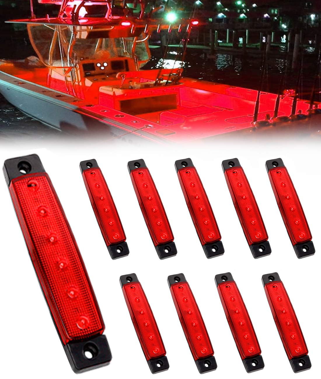 10PCS Waterproof LED Marine Lights for Boat Deck, Transom, Cockpit - 12V Red Interior Lighting for Night Fishing & Cabin Illumination