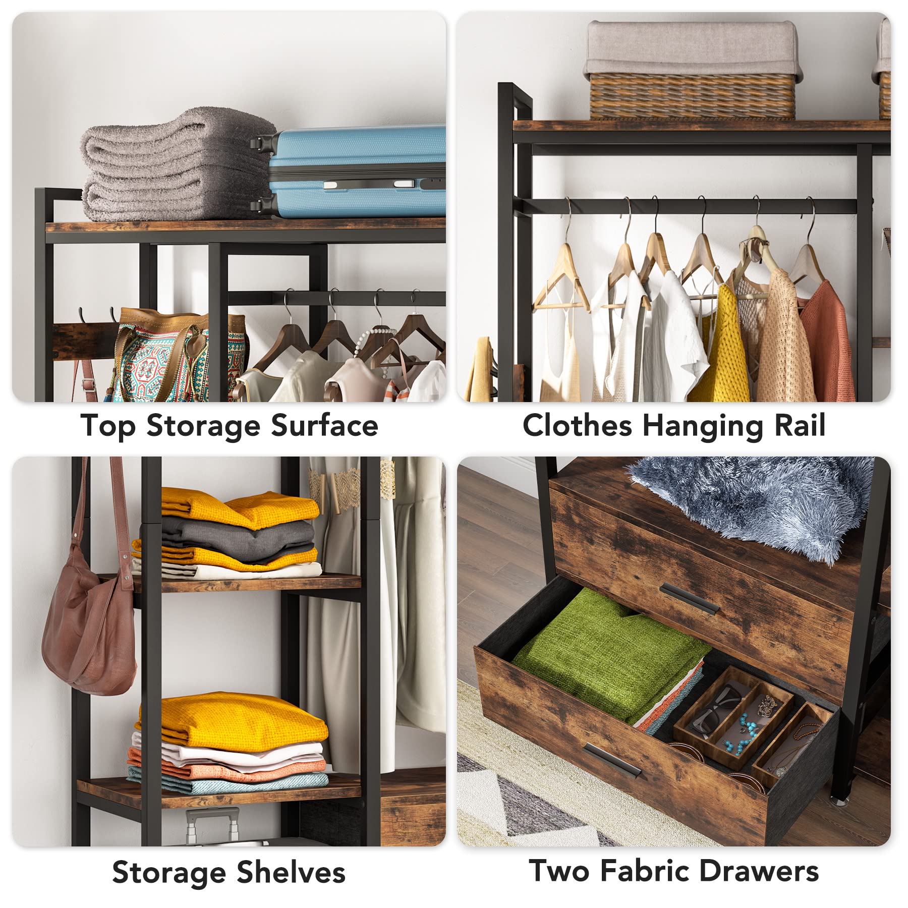 Tribesigns Freestanding Closet Organizer - Heavy Duty Garment Rack with Drawers & Shelves, Rustic Brown Wardrobe Storage for Bedroom, Living Room & Dorm - Perfect for Hanging Clothes, Organizing Accessories & Maximizing Small Spaces