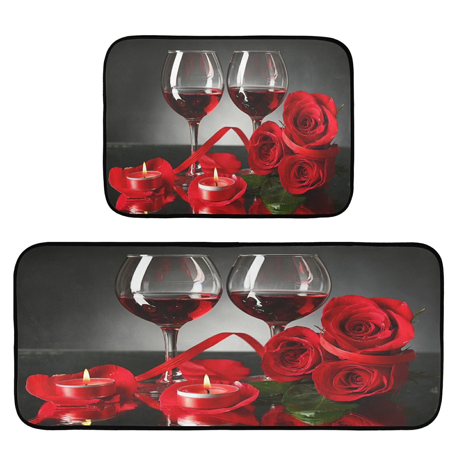 Premium Anti-Fatigue Kitchen Mat Set of 2 - Non-Slip Cushioned Red Wine Rose Design Floor Mats for Kitchen, Sink & Laundry Areas - Soft Home Decor Rug for Standing Comfort While Cooking, Washing Dishes or Doing Chores