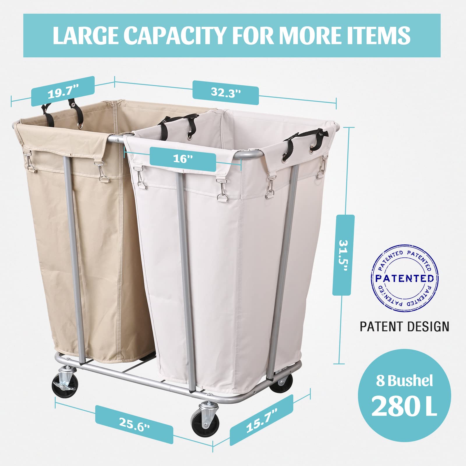 PLKOW 280L Large Rolling Laundry Cart with Wheels - 2 Section Commercial & Home Laundry Sorter with Steel Frame & Removable Bags (8 Bushel, 32.3