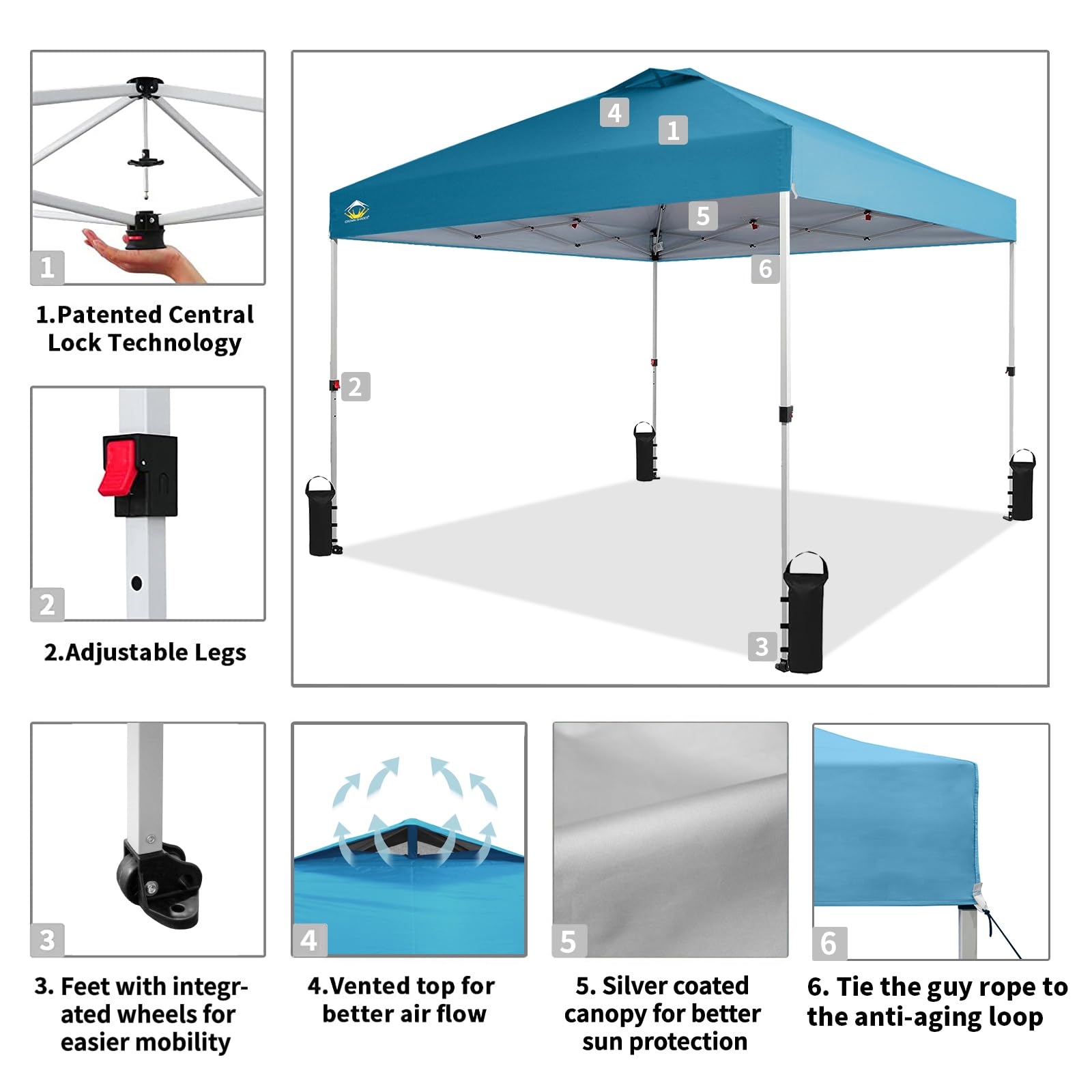 10x10 Pop Up Canopy Tent - Instant Beach Shade Shelter with One Push Setup | Portable Outdoor Sun Protection for Camping, Parties, Backyard Events | Silver Coated Top & Cyan Blue Gazebo with STO-N-Go Carry Bag | Perfect for Picnics, Tailgating and Farmers Markets
