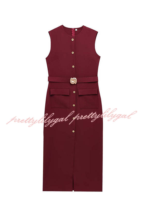 Danina Women's Sleeveless Stretch Midi Dress with Button Up Front, Metal Belt & Pockets - Casual Summer Dress for Office, Date Night & Outdoor Events