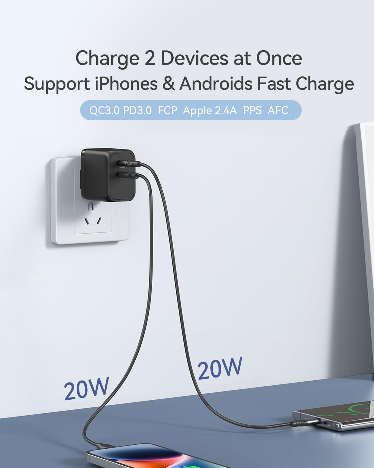 45W Super Fast USB C Charger with Dual Ports - GaN PD Wall Charger for iPhone 15/15 Pro, Galaxy S23/S22/Note, MacBook, iPad - Compact Foldable Design for Travel & Home Use