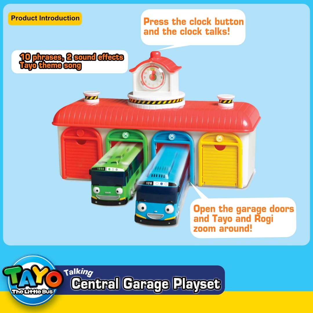 Tayo The Little Bus Central Garage Play Set - Kids Action Figure Toy Car, Perfect Christmas & Birthday Gift for Boys & Girls | Popular Korean Cartoon Character | Fun Pretend Play & Role Play for Toddlers