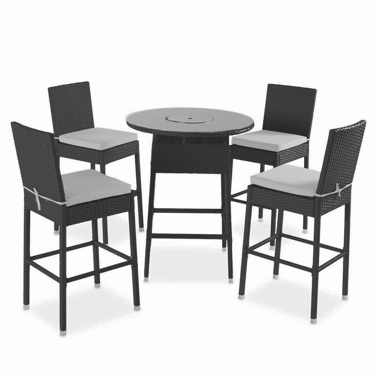 Grezone 5-Piece Outdoor Bistro Set - Black PE Rattan Wicker Patio Bar Table with 4 Stools, Built-in Ice Bucket & Tempered Glass Top - All-Weather Backyard Furniture for Poolside, Garden, and Outdoor Entertaining