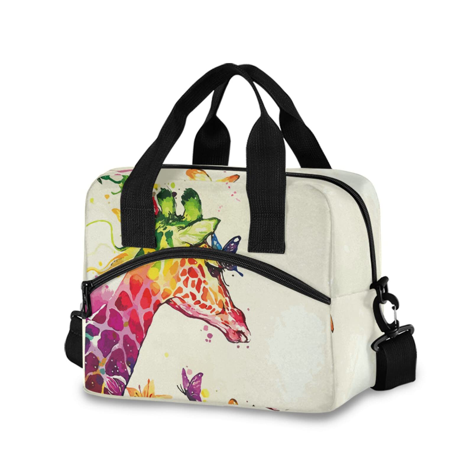**KFBE Insulated Lunch Bag with Removable Shoulder Strap - Cute Giraffe Butterfly Watercolor Design, Thermal Cooler Tote for Work, Picnic, Beach & School - Perfect for Keeping Snacks Fresh**