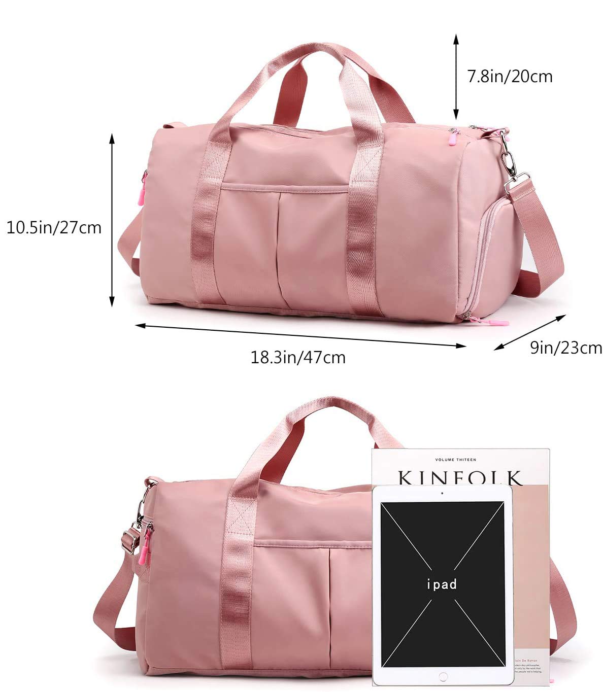 Waterproof Gym Bag for Men & Women - Sports Duffel with Wet/Dry Compartments, Shoe Pocket - Ideal for Travel, Swim, Yoga & Training (Pink)