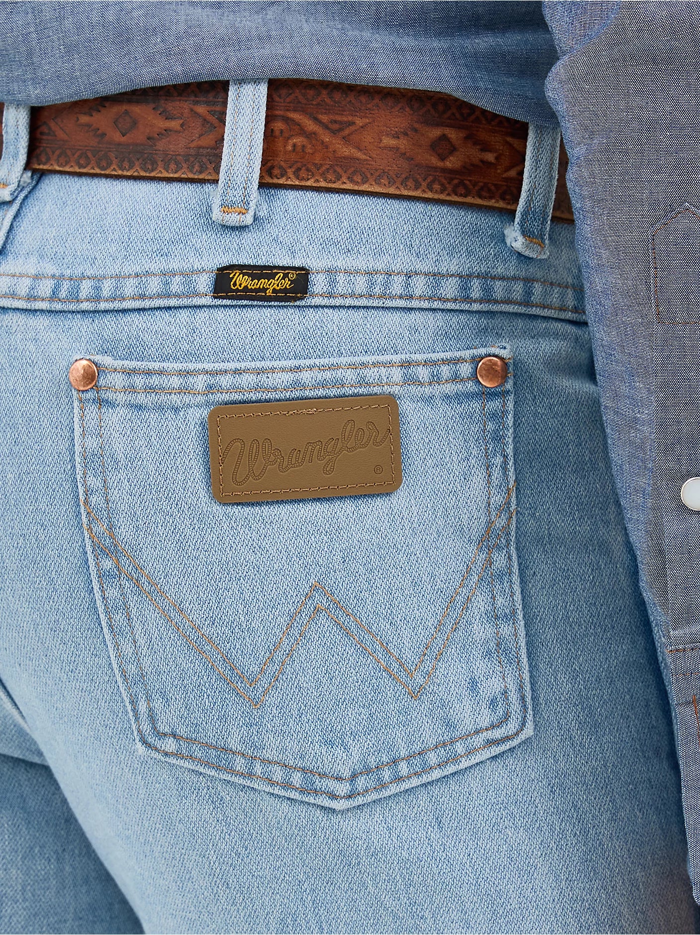 Wrangler® Cowboy Cut® Slim Fit Light Wash Jeans for Men - Comfortable Denim Pants for Riding, Work & Casual Wear