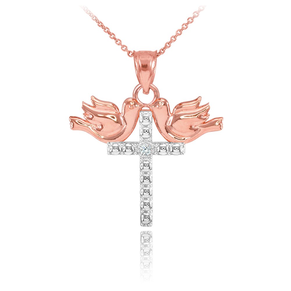 14K Two Tone Rose Gold Pigeon Cross Diamond Pendant Necklace - 16