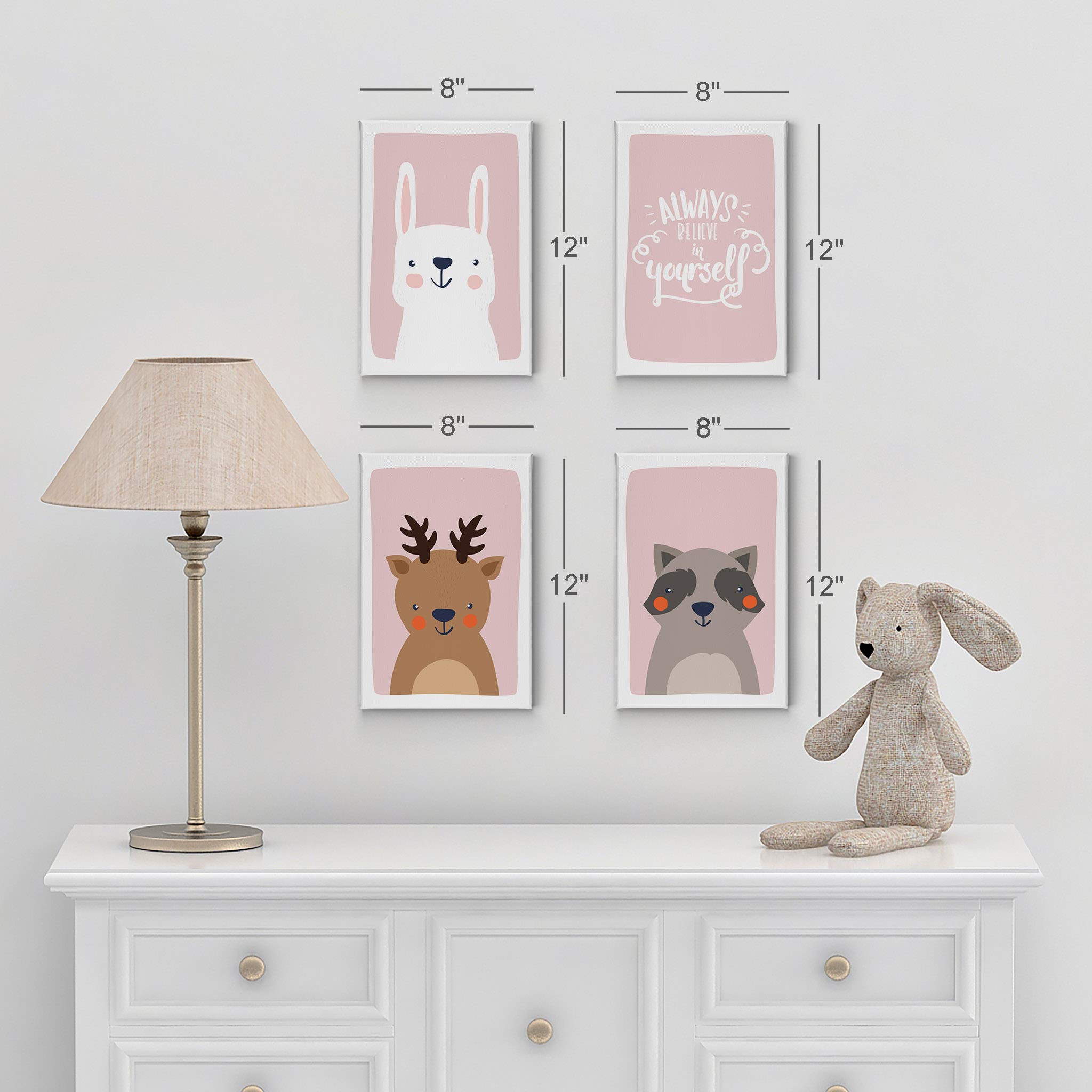 Cute Rabbit Deer Raccoon Canvas Wall Art Set - 4 Piece Nursery Decor with Inspirational Quotes on Pink Background - Ready to Hang Kids Room Decor for Boys & Girls (36x24 inches) - Perfect for Baby Bedrooms, Playrooms & Nursery Wall Decor - Made in USA