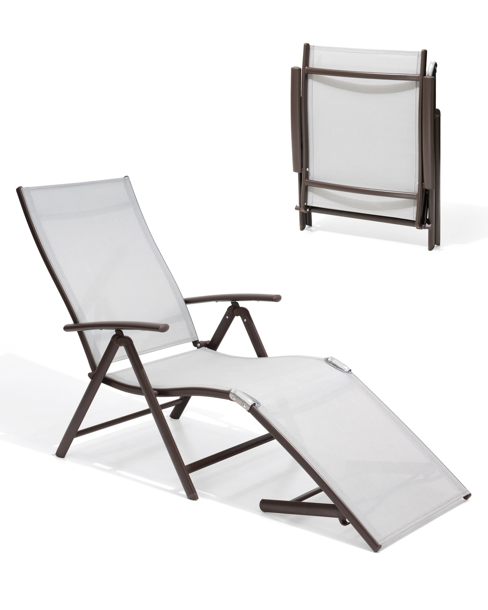 Pellebant Aluminum Patio Chaise Lounge Chair - Adjustable Outdoor Recliner with 8 Backrest Positions, Brown Frame & Light Grey Cushion - Folding All-Weather Pool, Beach & Yard Lounge Chair for Sunbathing, Relaxing by the Poolside or Backyard Lounging