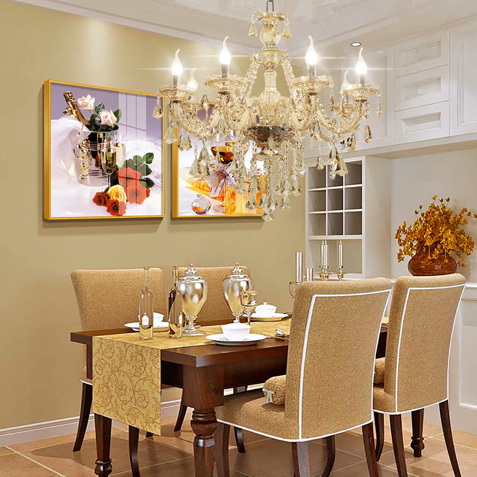 Modern Elegant K9 Crystal Chandelier - 8-Light Cognac Ceiling Pendant Fixture with E12 Candle Style Base for Living Room, Bedroom & Hallway | Luxury Lighting for Dining Room, Foyer & Wedding Decor