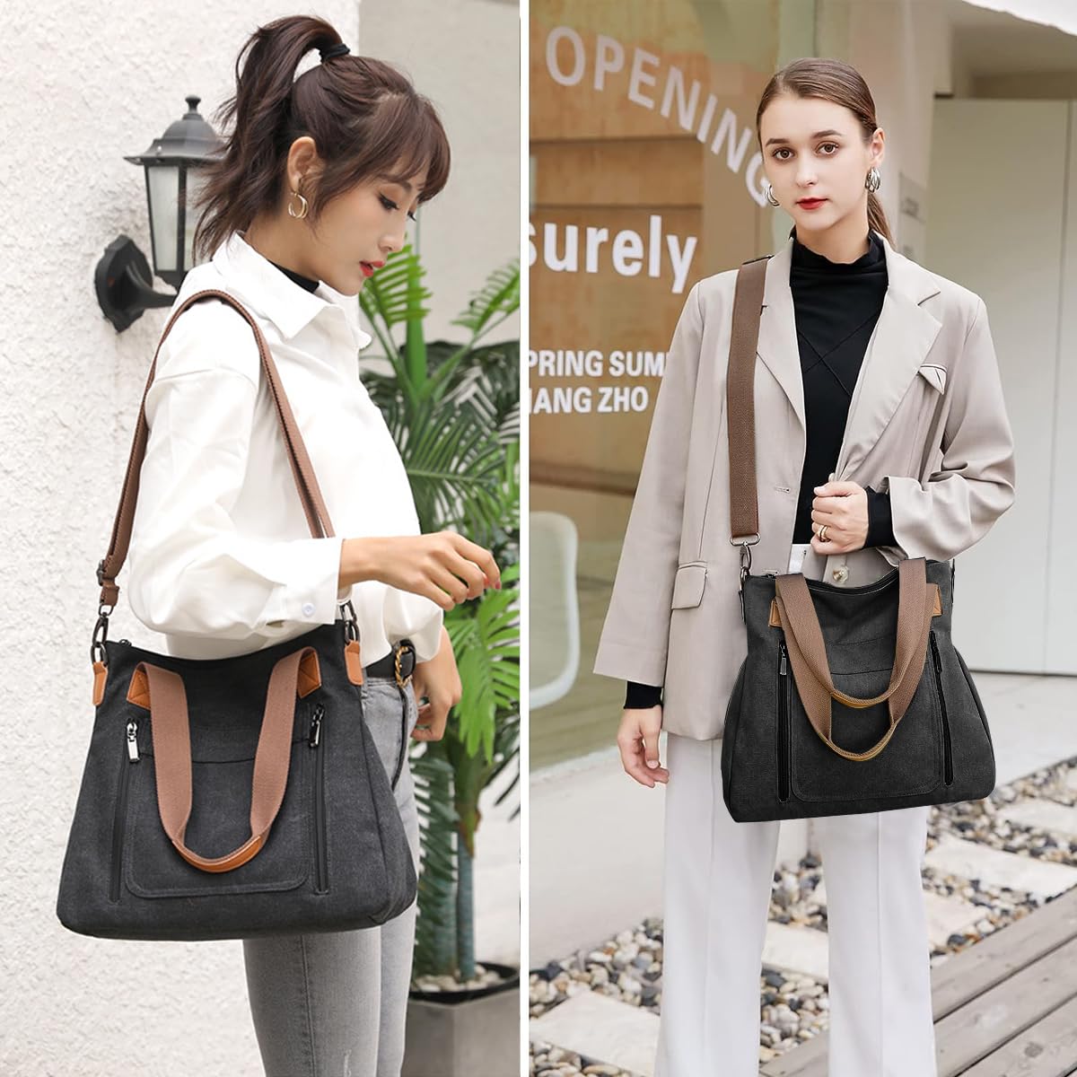 Venzina® Stylish Canvas Tote Bag for Women & Girls - Detachable Strap, Shoulder Bag with Zip Closure - Perfect for College, Travel & Everyday Use - Black Crossbody Handbag