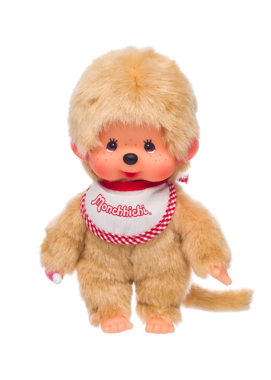 Monchhichi Sekiguchi Beige Plush Toy Boy with Bib - Red & White Outfit | Cute Collectible Doll for Kids, Gift for Baby Showers & Nursery Decor