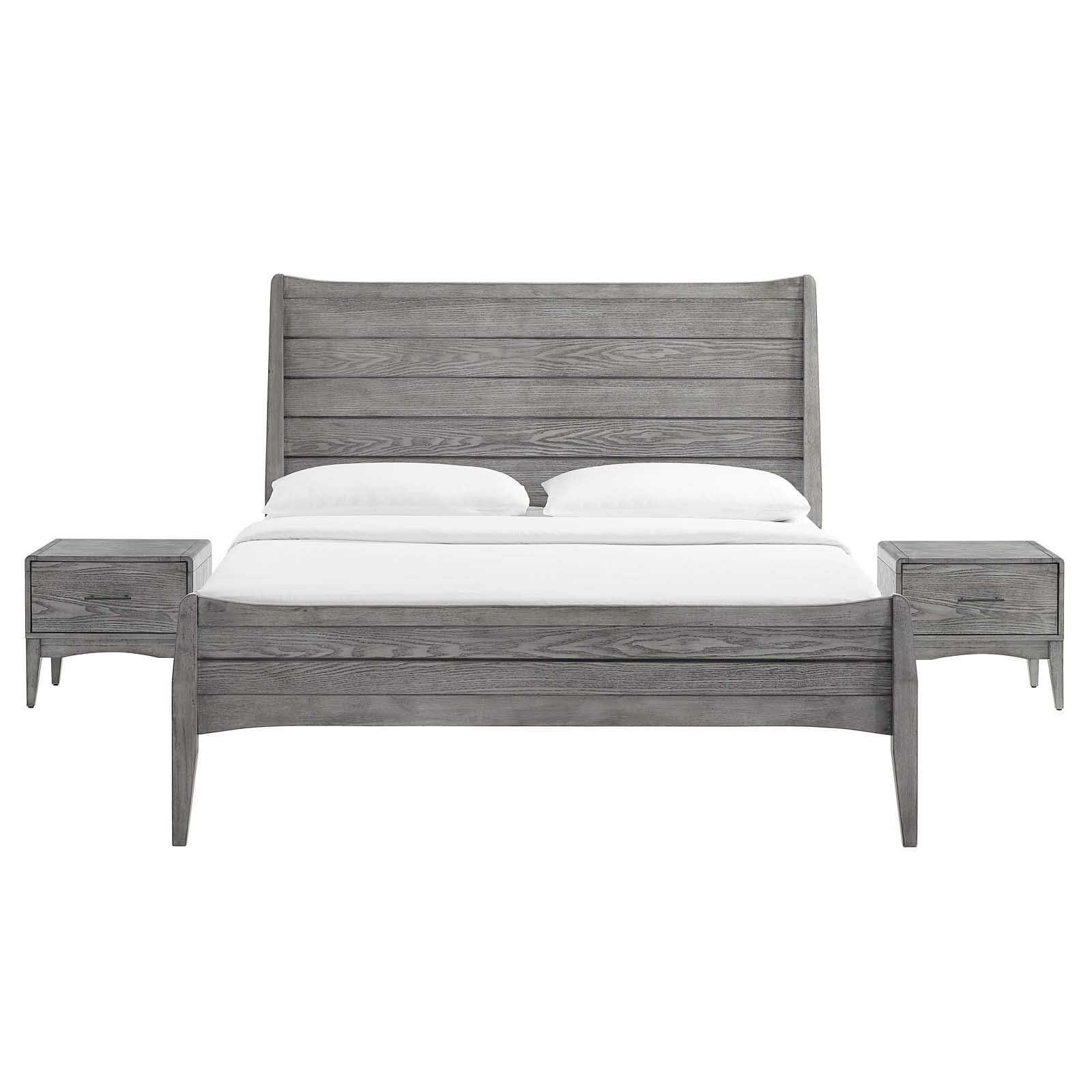 Modway MOD-6724-GRY-SET 3-Piece Gray Wooden King Size Bedroom Set with Platform Bed & Nightstands - Modern Bedroom Furniture for Master Suite & Guest Rooms