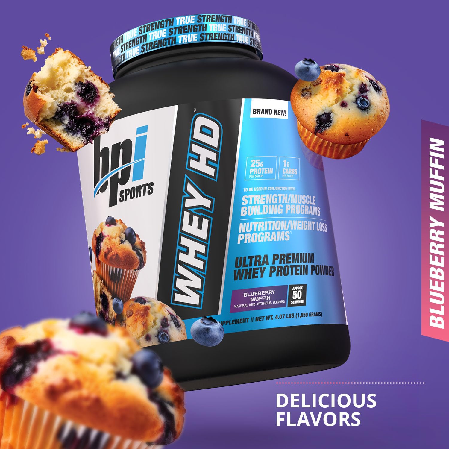BPI Sports Whey HD Ultra Premium Protein Powder - Blueberry Muffin Flavor, 4.07 Pound (1.85 kg) for Muscle Recovery & Post-Workout Nutrition | Gym Supplements & Healthy Lifestyle
