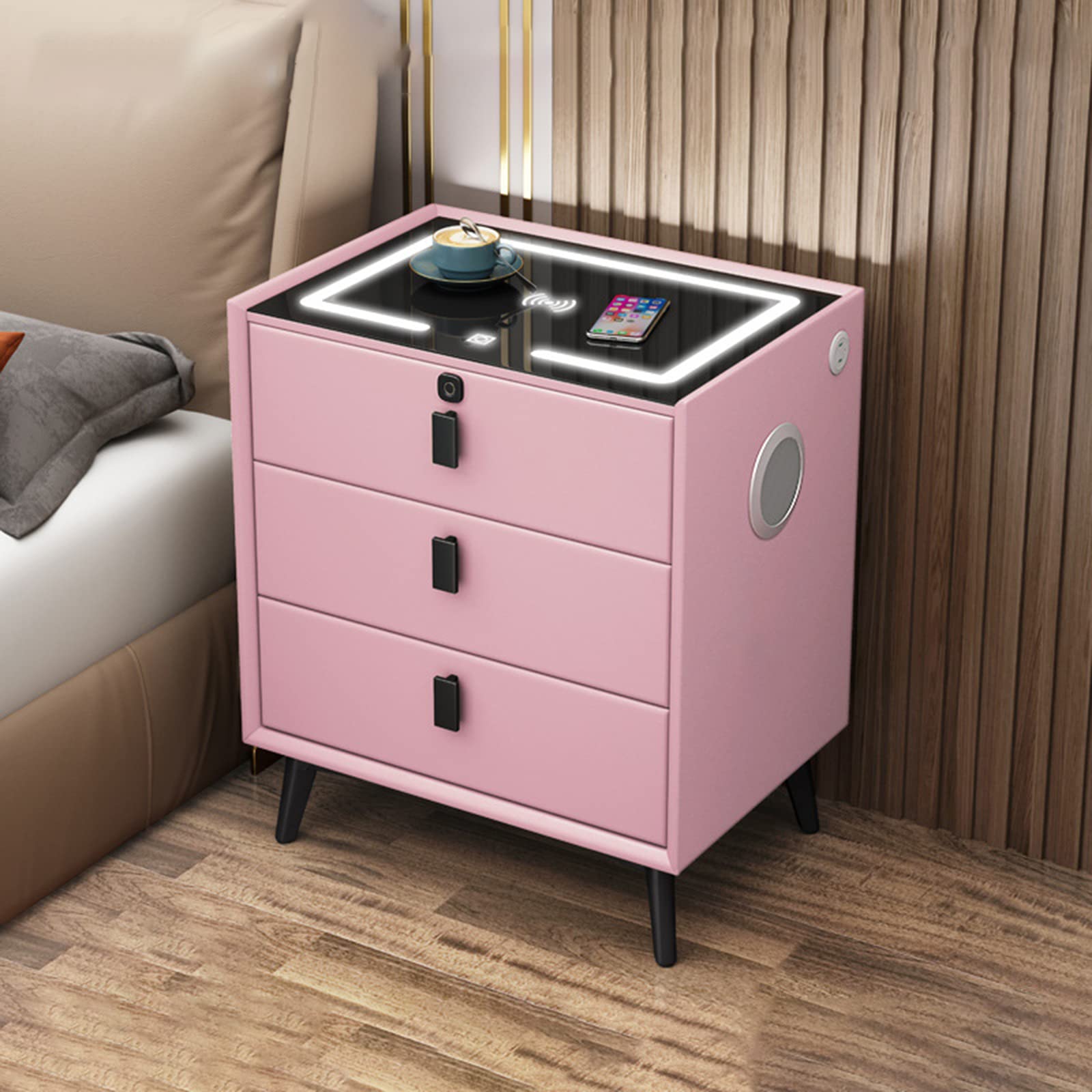 Smart Bedside Table with Wireless Charger, Fingerprint Lock & LED Lights - 3-Drawer Modern Nightstand with Bluetooth Speakers & USB Ports for Bedroom, Living Room - Pink