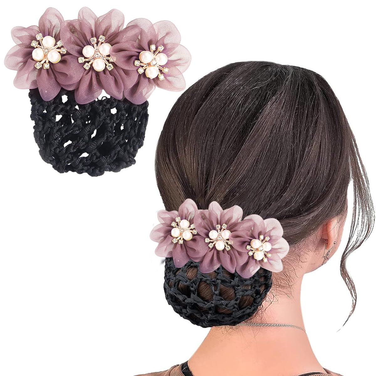 MAYCREATE® Women's Hair Bun Accessories - Stylish Pearl Mesh Bun Maker, Flower Hair Snood Net & Hair Bun Cover for Daily Use, Work & Dancers | Perfect for Ballet, Yoga, Office & Special Occasions