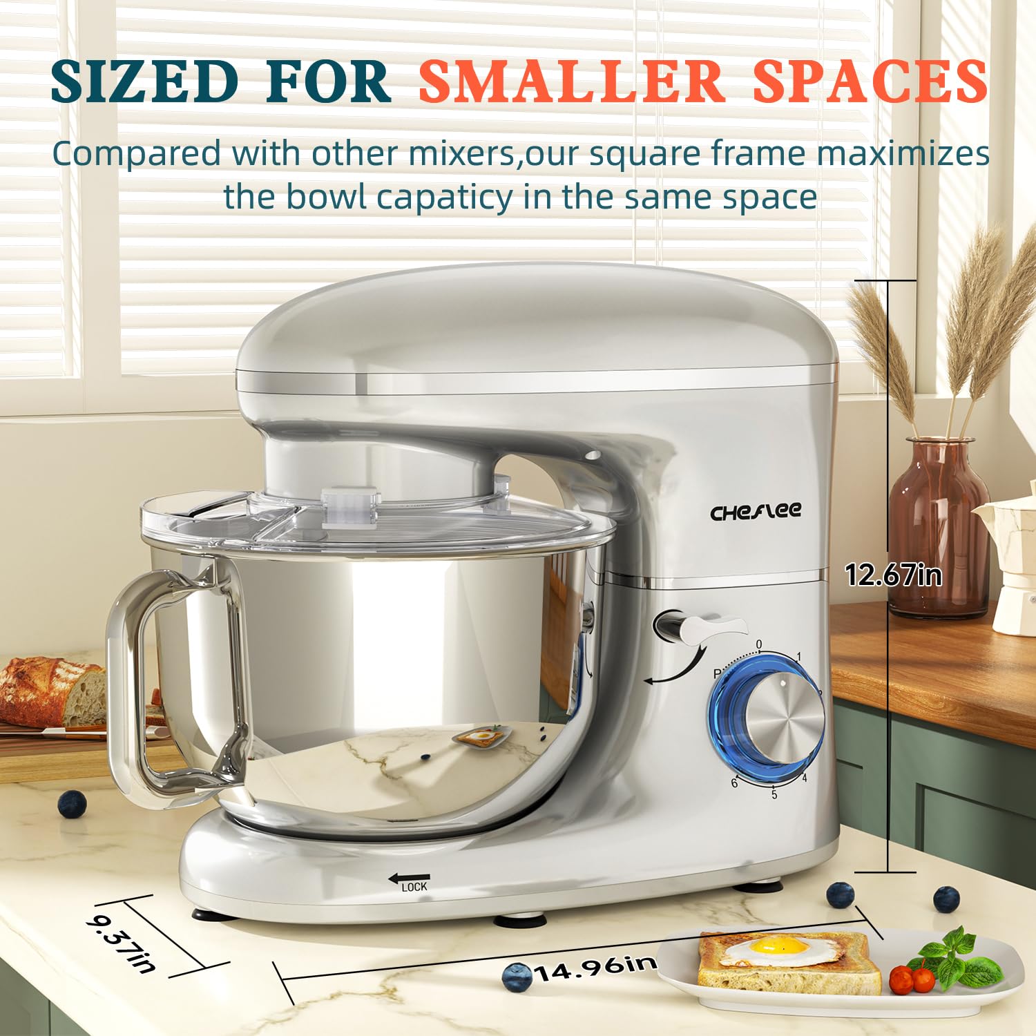 600W Stand Mixer by CHeflee - 6.5QT Stainless Steel Bowl with Dough Hook, Wire Whip & Beater - Powerful 6-Speed Kitchen Mixer for Baking, Whipping & Kneading - Perfect for Cakes, Cookies, Bread & Pizza Dough - Silver