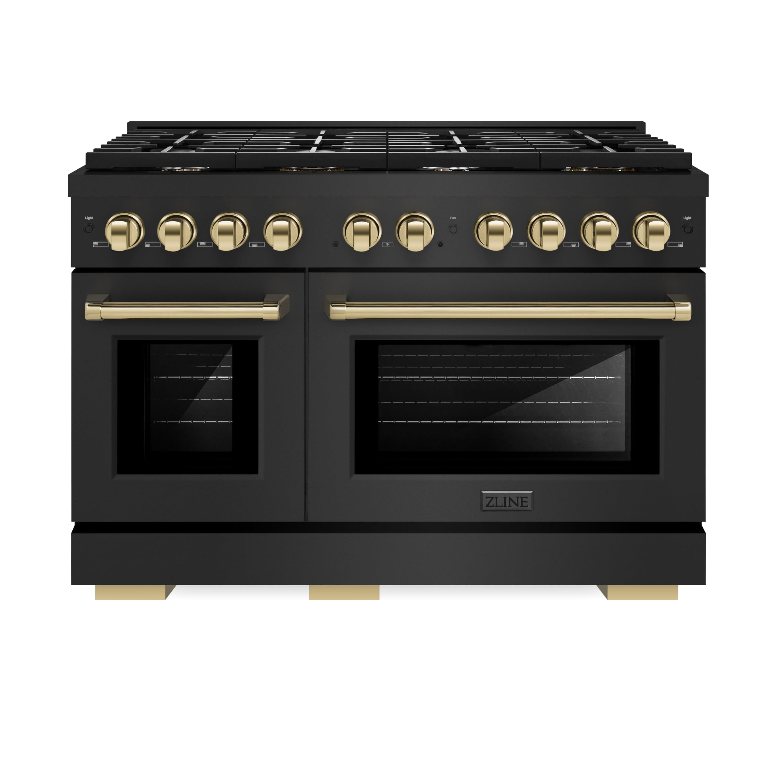 ZLINE Autograph Edition 48-Inch 6.7 cu. ft. Double Oven Gas Range with 8 Burner Cooktop - Black Stainless Steel & Polished Gold Accents (SGRBZ-48-G) | Professional Kitchen Appliance for Home Chefs & Entertaining