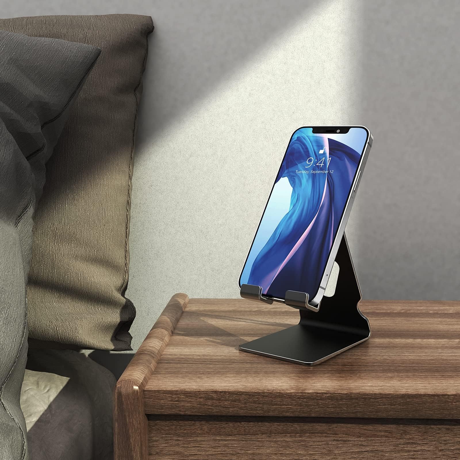 Premium Metal Phone Stand for Desk - Cable Organizer for iPhone 16/15 Pro Max & All Smartphones - Perfect for Office & Bedside Use