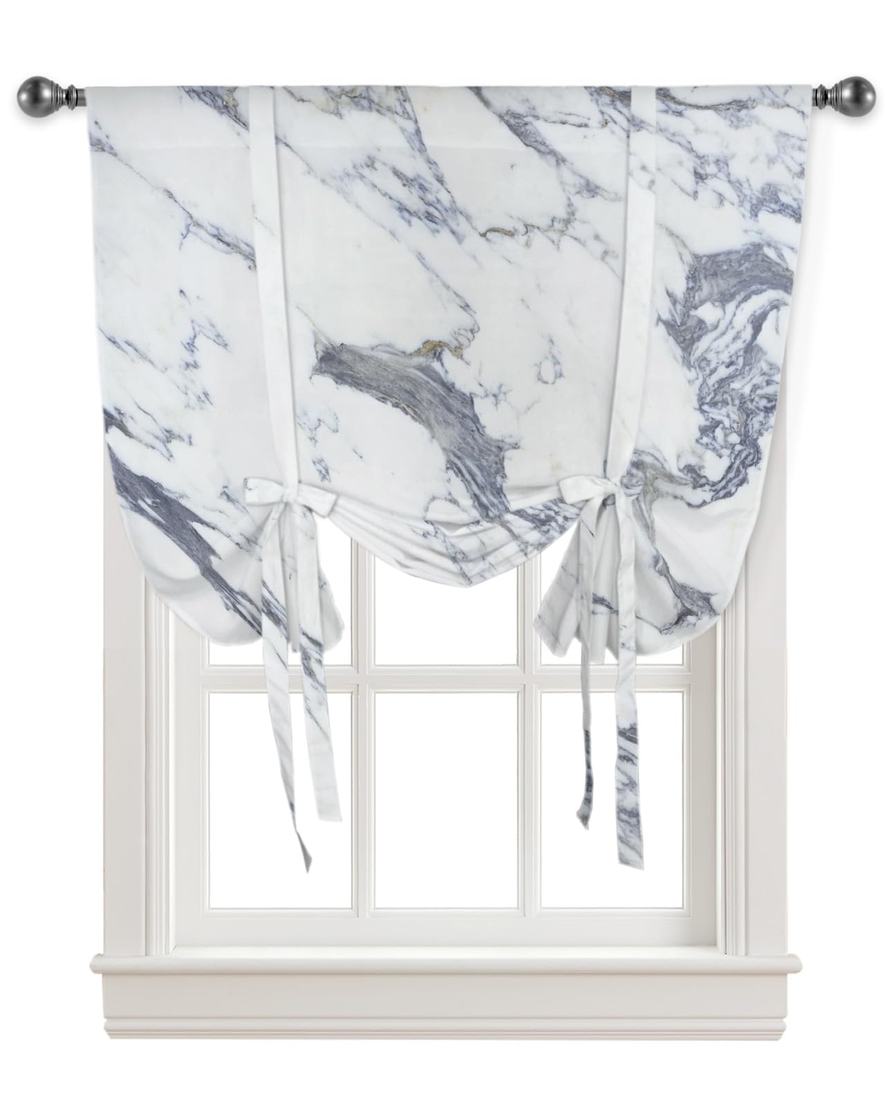 Marble Texture Bow Tie Up Balloon Curtain - Adjustable Rod Pocket Window Drape (34x45 Inches) for Living Room, Bedroom & Kitchen | Elegant Home Decor & Light Filtering Window Treatment