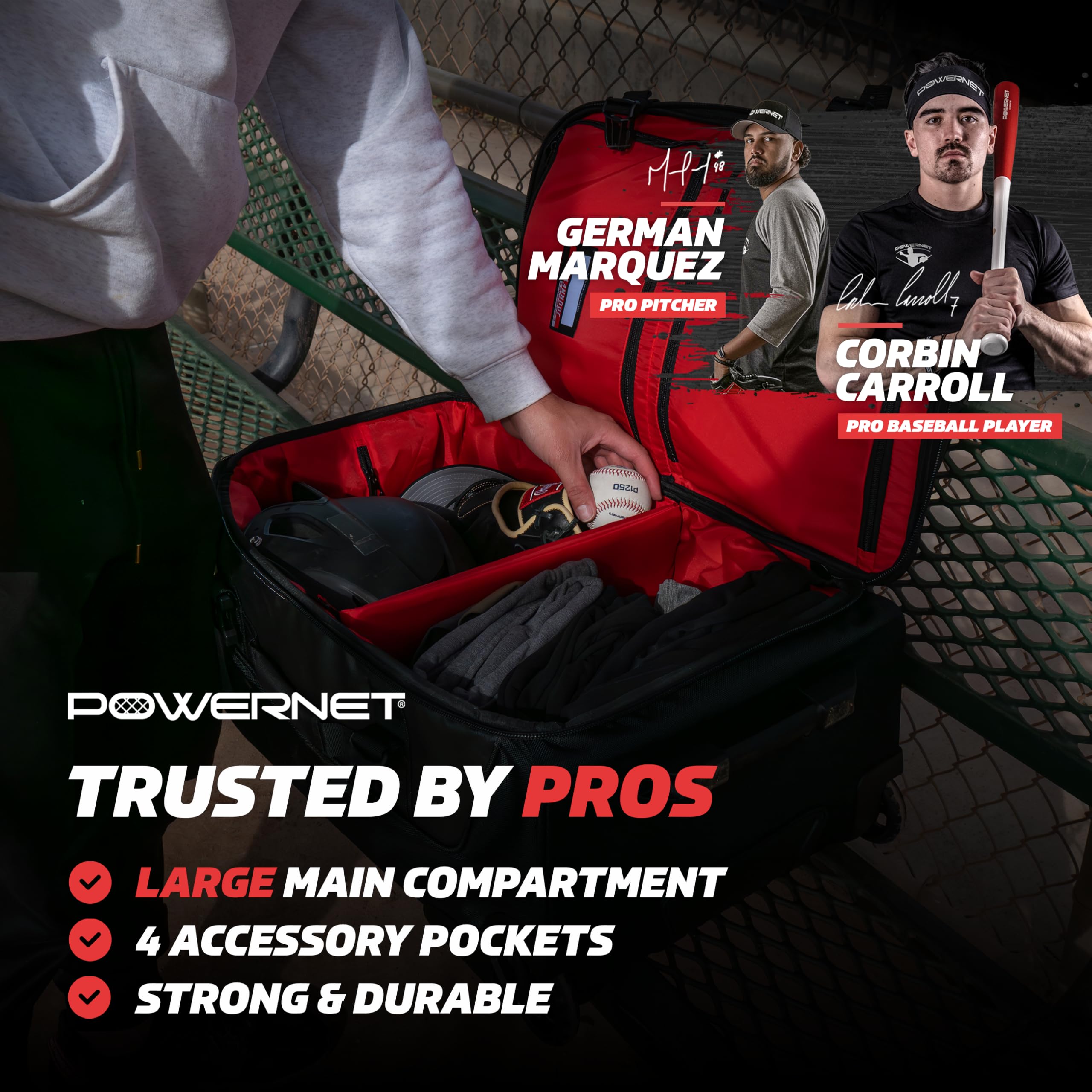 **PowerNet Baseball Bag - Durable Travel Bag for Softball & Baseball Gear - Fits Gloves, Bats, Helmets & Catchers Equipment - Perfect for Games, Practice & Travel**