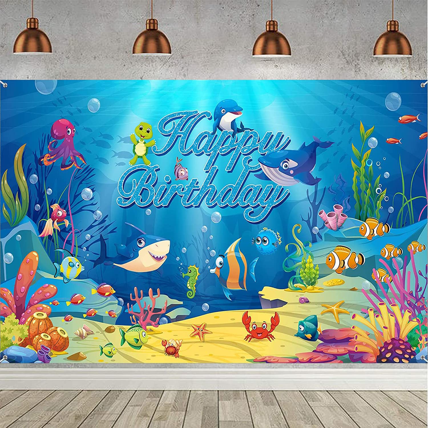 Shark & Ocean Animal Birthday Backdrop - 72.8x43.3 Inch Under The Sea Photography Background for Kids Party Decorations | Dolphin Shark Theme Party Supplies for Birthday Celebrations & Baby Showers