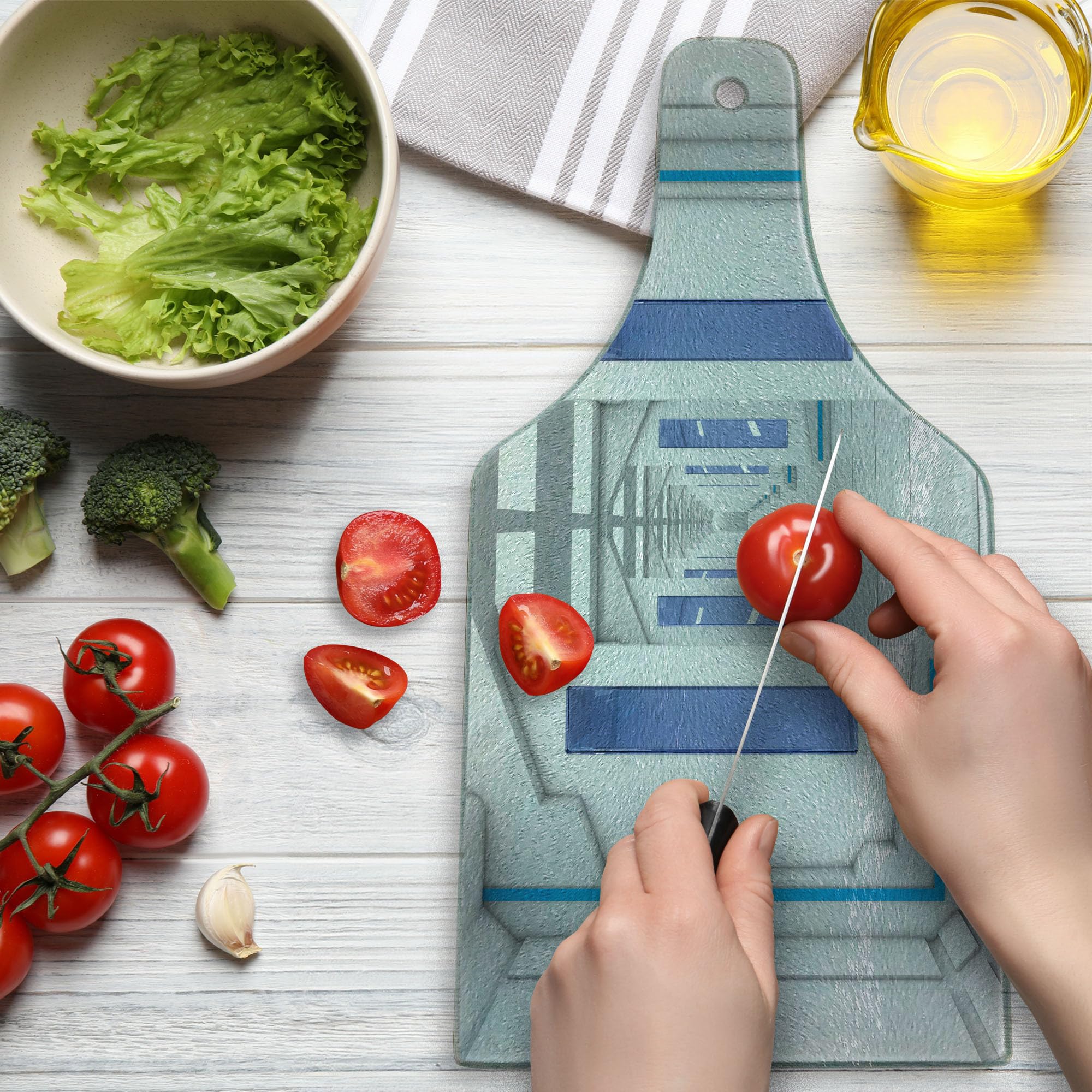 Ambesonne Outer Space Themed Tempered Glass Cutting Board - Robotic Space Mission & Solar System Design - Decorative Serving Board for Kitchen & Dining - Wine Bottle Shape in Blue & White - Perfect for Entertaining, Gifts & Space Enthusiasts