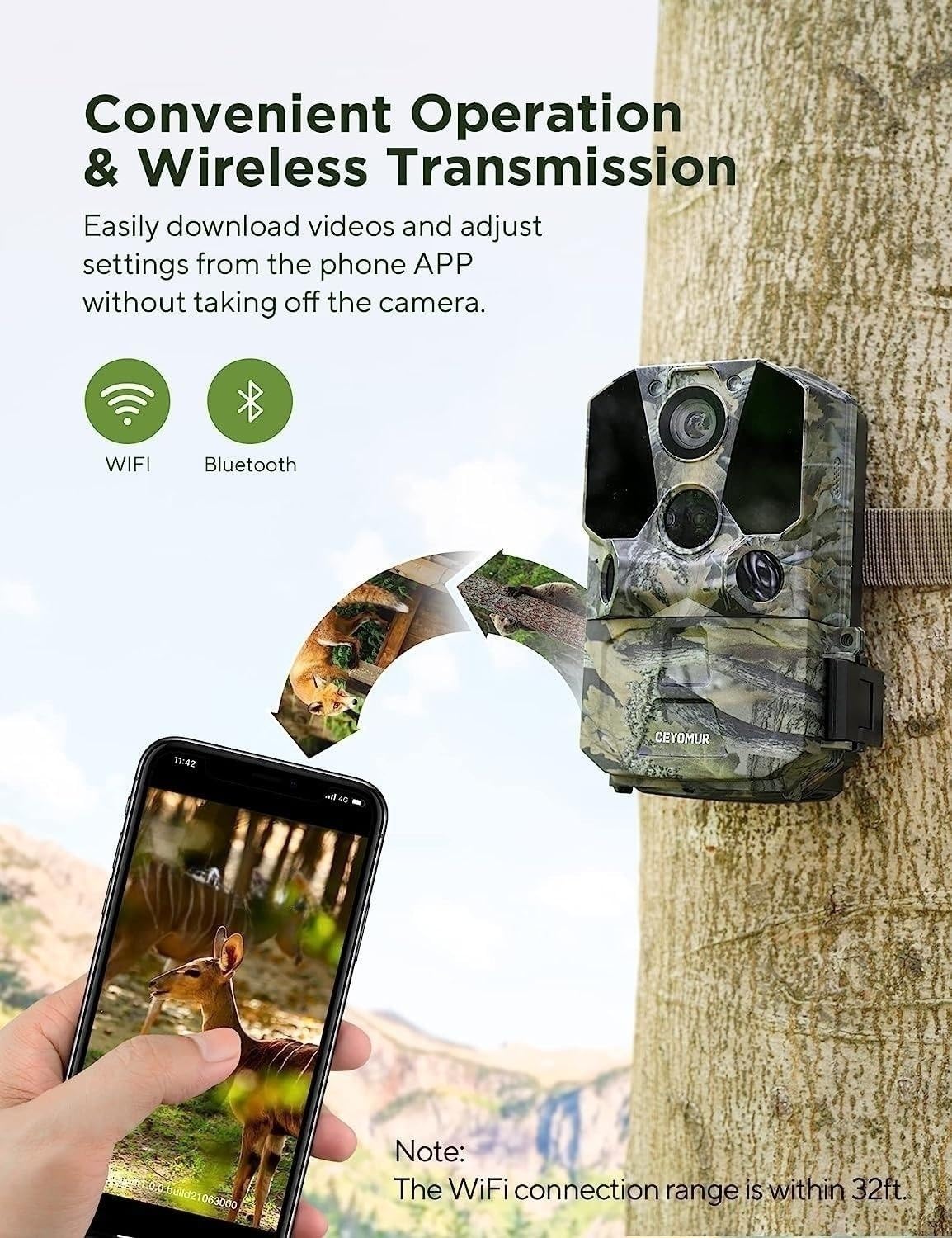 CEYOMUR 4K 40MP WiFi Bluetooth Trail Camera with 120° Motion Sensor, 0.2s Trigger Time & Night Vision - IP66 Waterproof Game Camera for Wildlife Monitoring, Hunting, and Outdoor Security