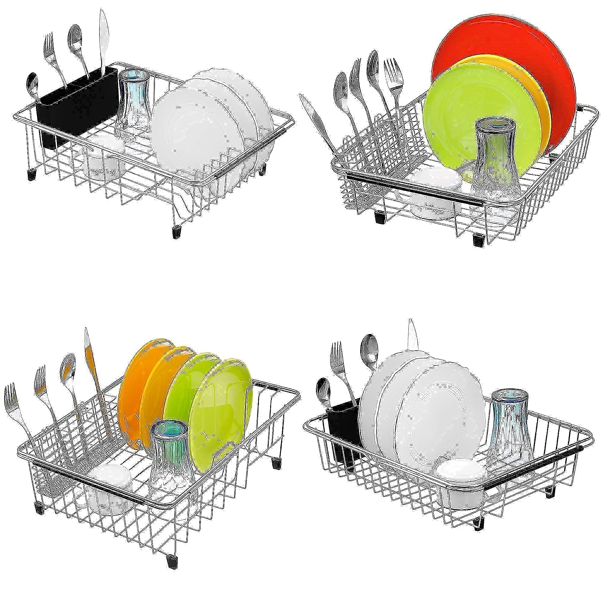 iPEGTOP Expandable Stainless Steel Dish Drying Rack - Over The Sink or Countertop Space Saving Dish Drainer with Utensil Holder & Cutlery Tray - Rustproof Kitchen Organizer for Small Spaces & Apartments - Perfect for Drying Dishes, Cups, and Cutlery After Washing