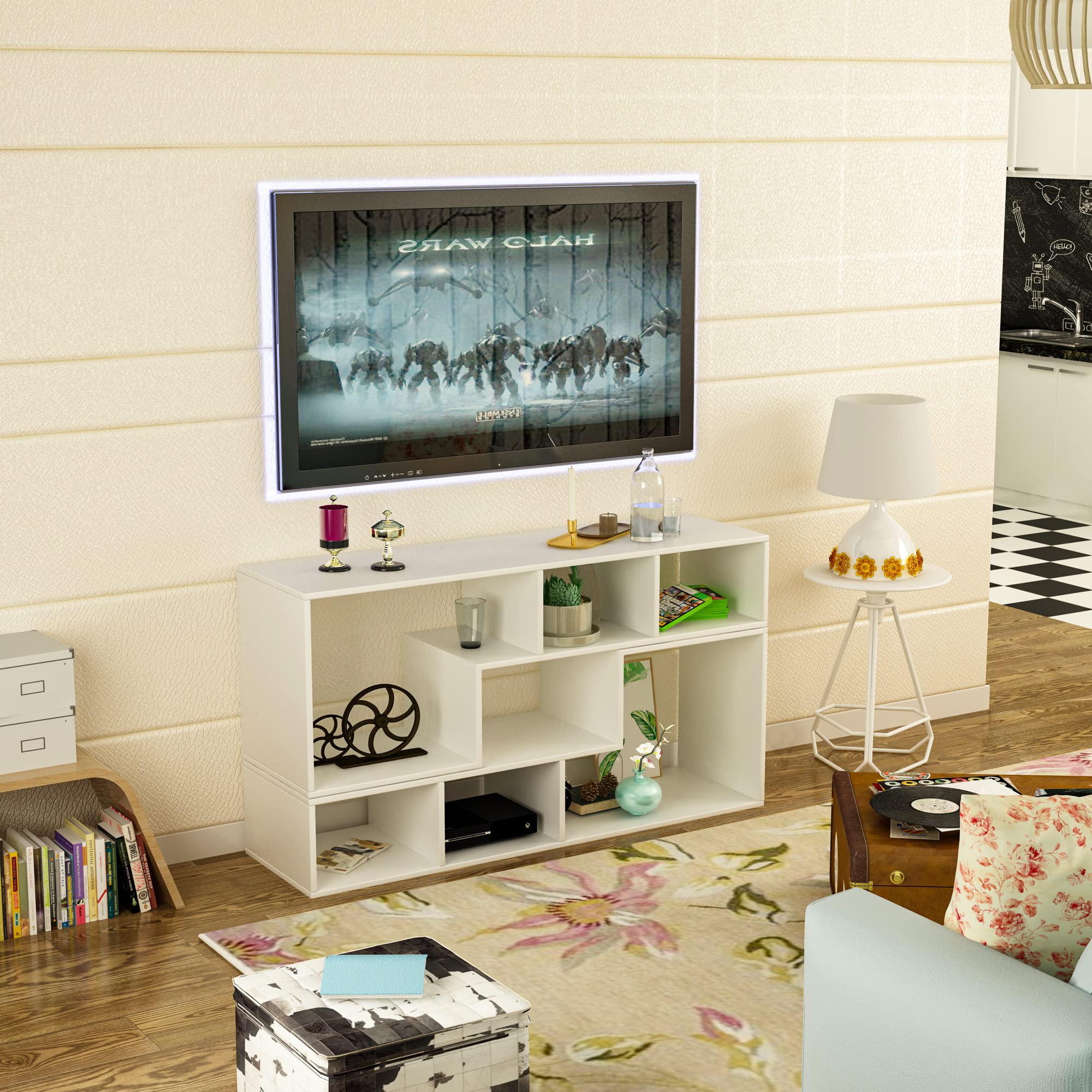 JOYSOURCE 2-Piece Modern White TV Stand for 55-65 Inch TVs with 2 Shelves - Entertainment Center TV Console for Living Room, Gaming & Movie Nights - Perfect for Home Theater Setup and Family Gatherings