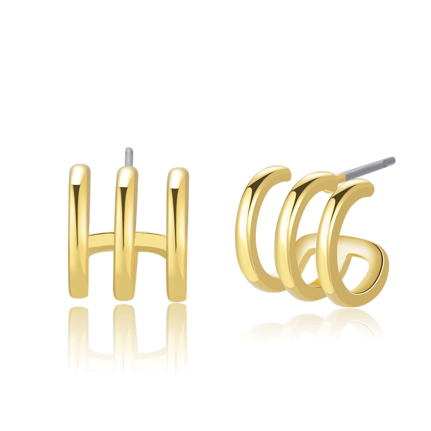 14K Gold Plated Triple Huggie Illusion Stud Earrings for Women - Double Hoop Earrings for Single Piercing | Elegant Drop Earrings for Daily Wear, Parties & Special Occasions