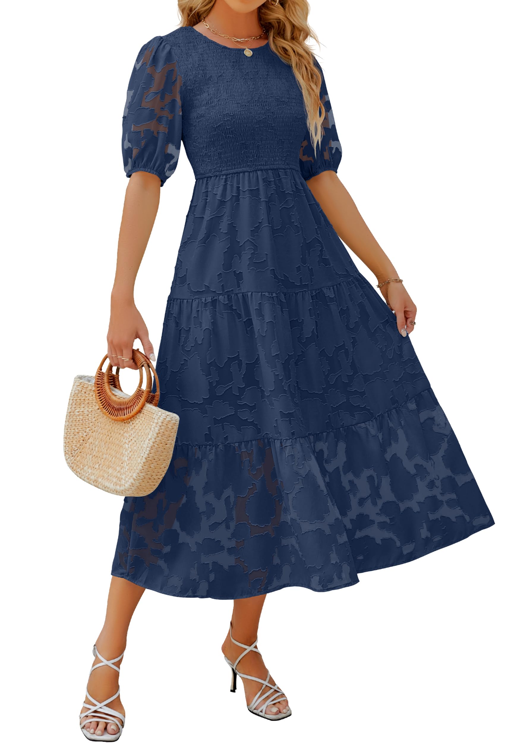 ZESICA Women's Summer 2025 Floral Lace Maxi Dress with Puff Sleeves & Smocked Waist - A-Line Tiered Flowy Dress for Beach, Wedding & Casual Wear
