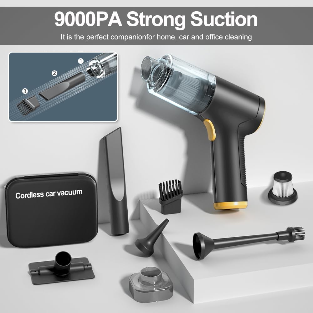 9000PA Cordless Rechargeable Car Vacuum Cleaner with Compressed Air Duster - Powerful Handheld Vacuum for Car Detailing, Home & Office Cleaning - Perfect for Pet Hair, Crumbs & Dust Removal