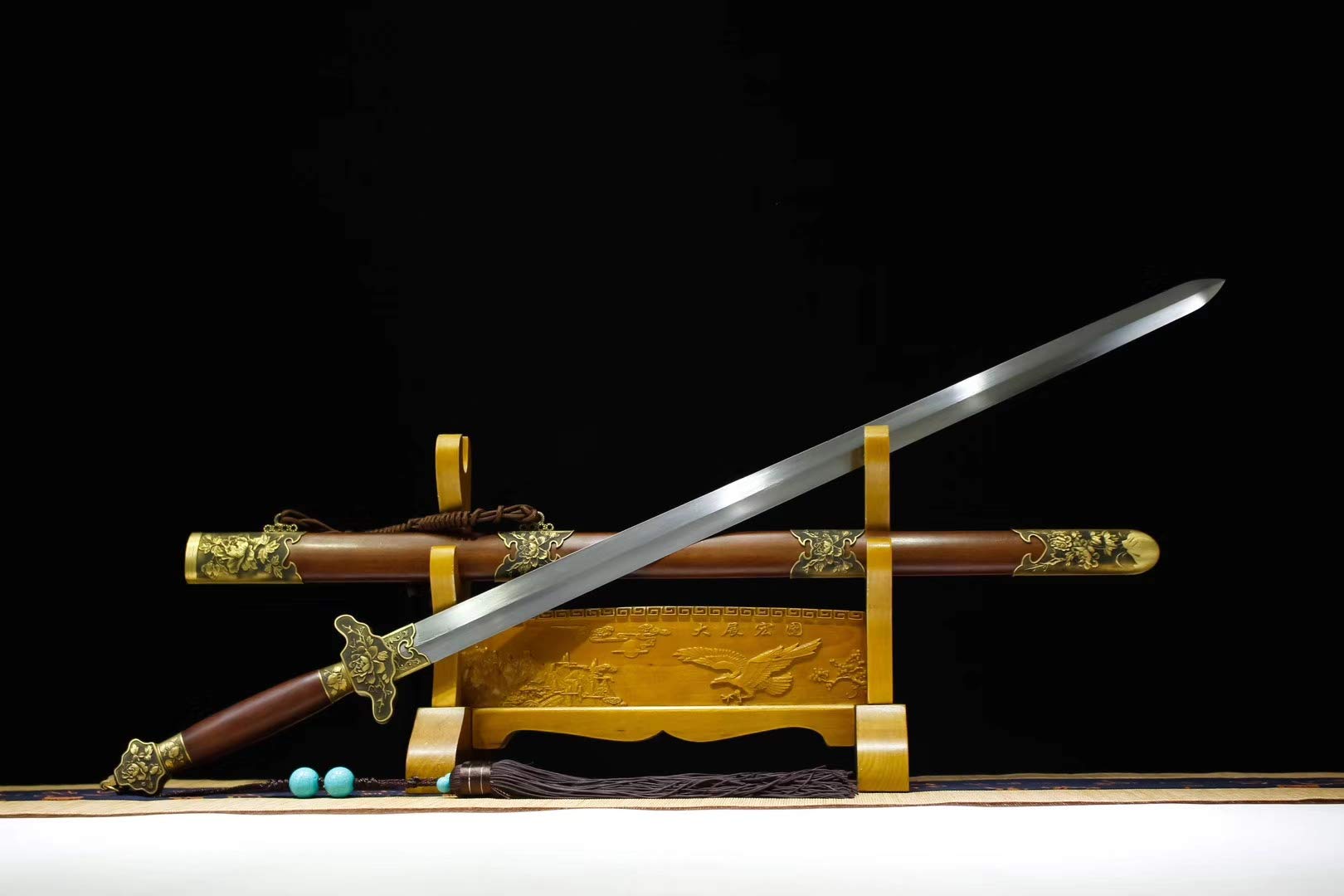 Hand-Forged Damascus Steel Peony Sword - Chinese Style Gift with Brass Fittings & Rosewood Handle (Full Tang) - Perfect for Martial Arts, Home Decor, and Collector's Display